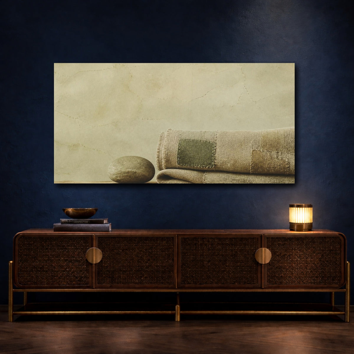 Mockup 4. Wabi Sabi Folded Linen & Stone shown as canvas print