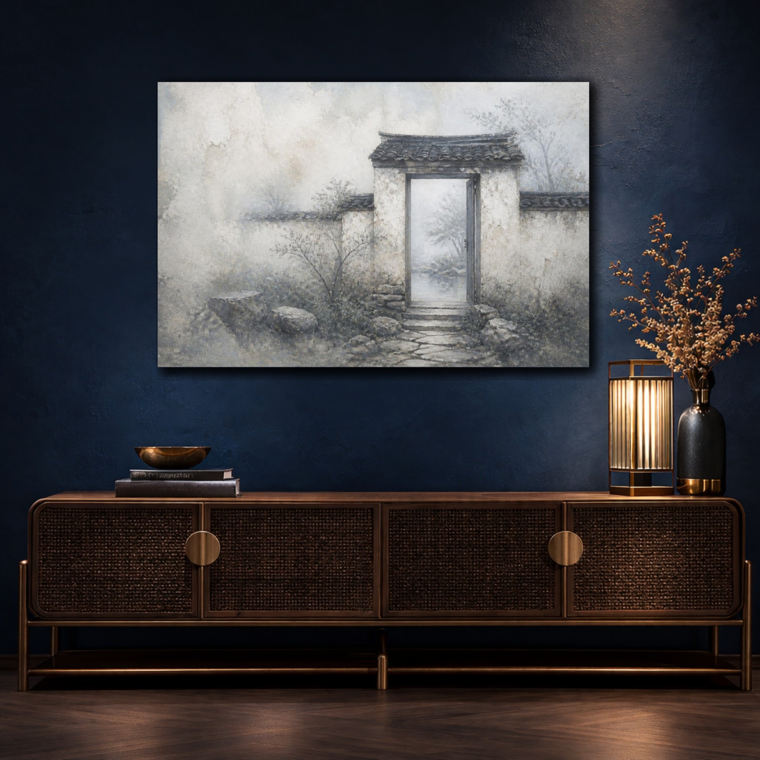 Mockup 4. Wabi Sabi Garden Gate shown as canvas print