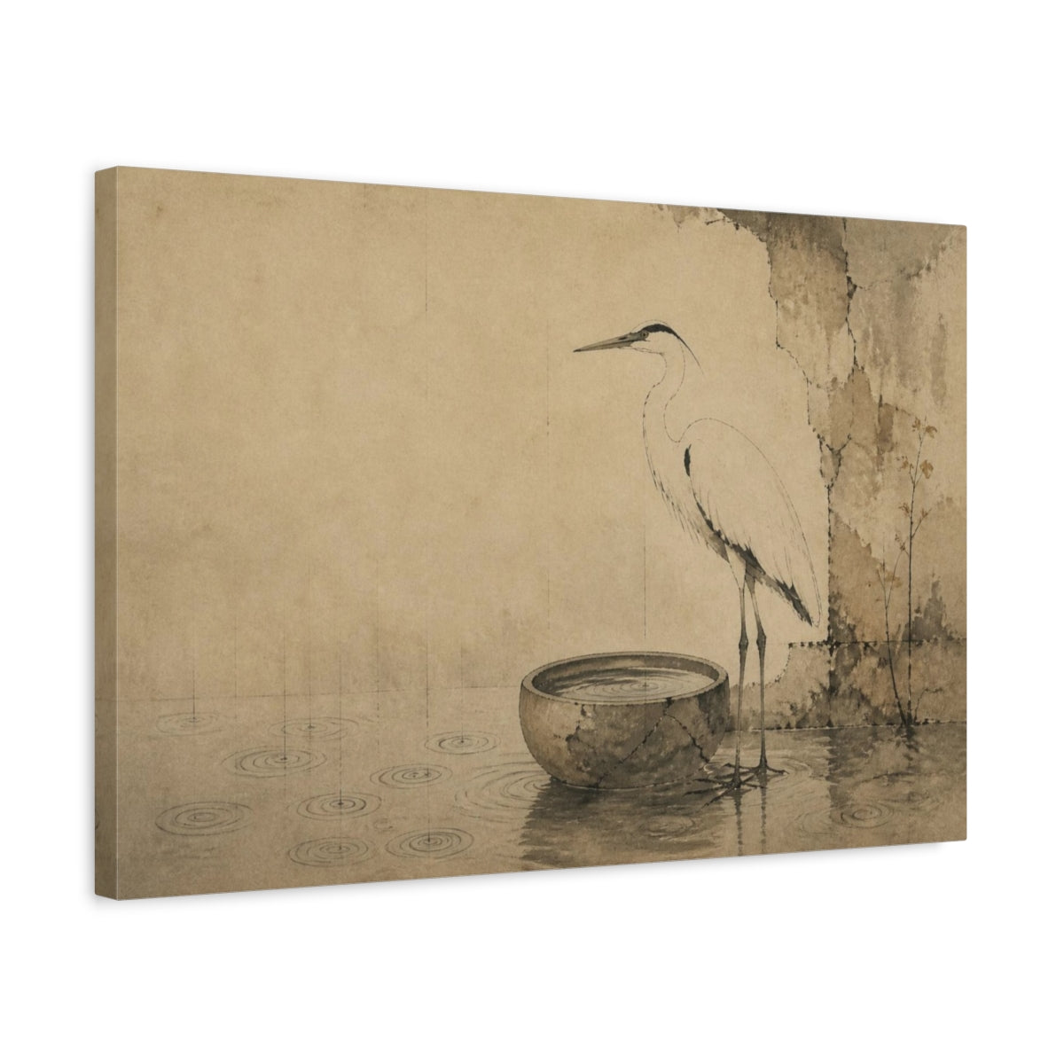 Side Mockup 3. Wabi Sabi Heron Basin shown as canvas print