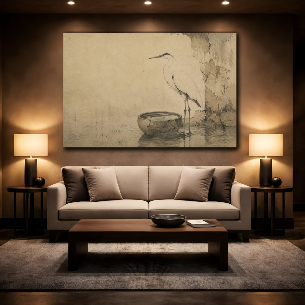 Mockup 2. Wabi Sabi Heron Basin shown as canvas print