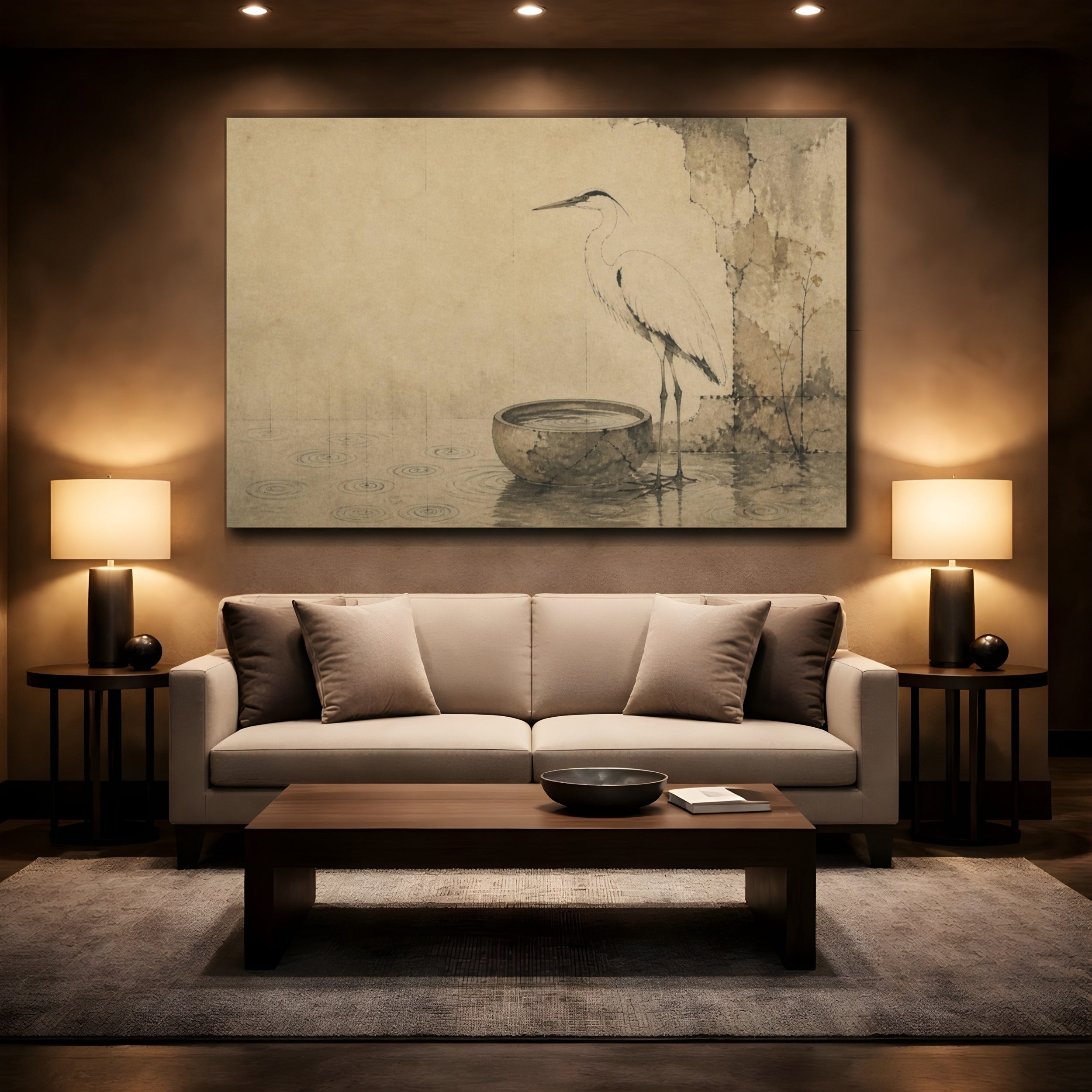 Mockup 2. Wabi Sabi Heron Basin shown as canvas print