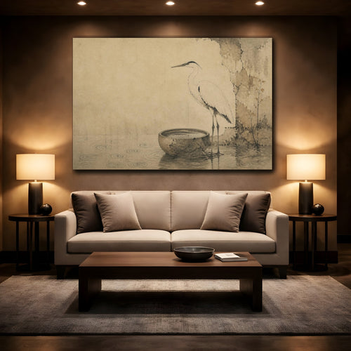 Mockup 2. Wabi Sabi Heron Basin shown as canvas print