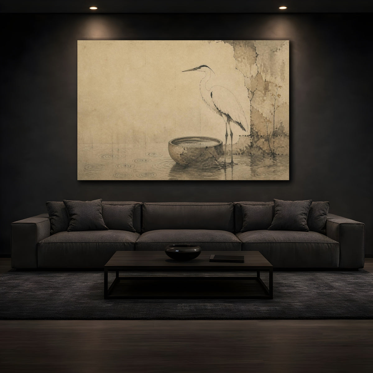 Mockup 3. Wabi Sabi Heron Basin shown as canvas print