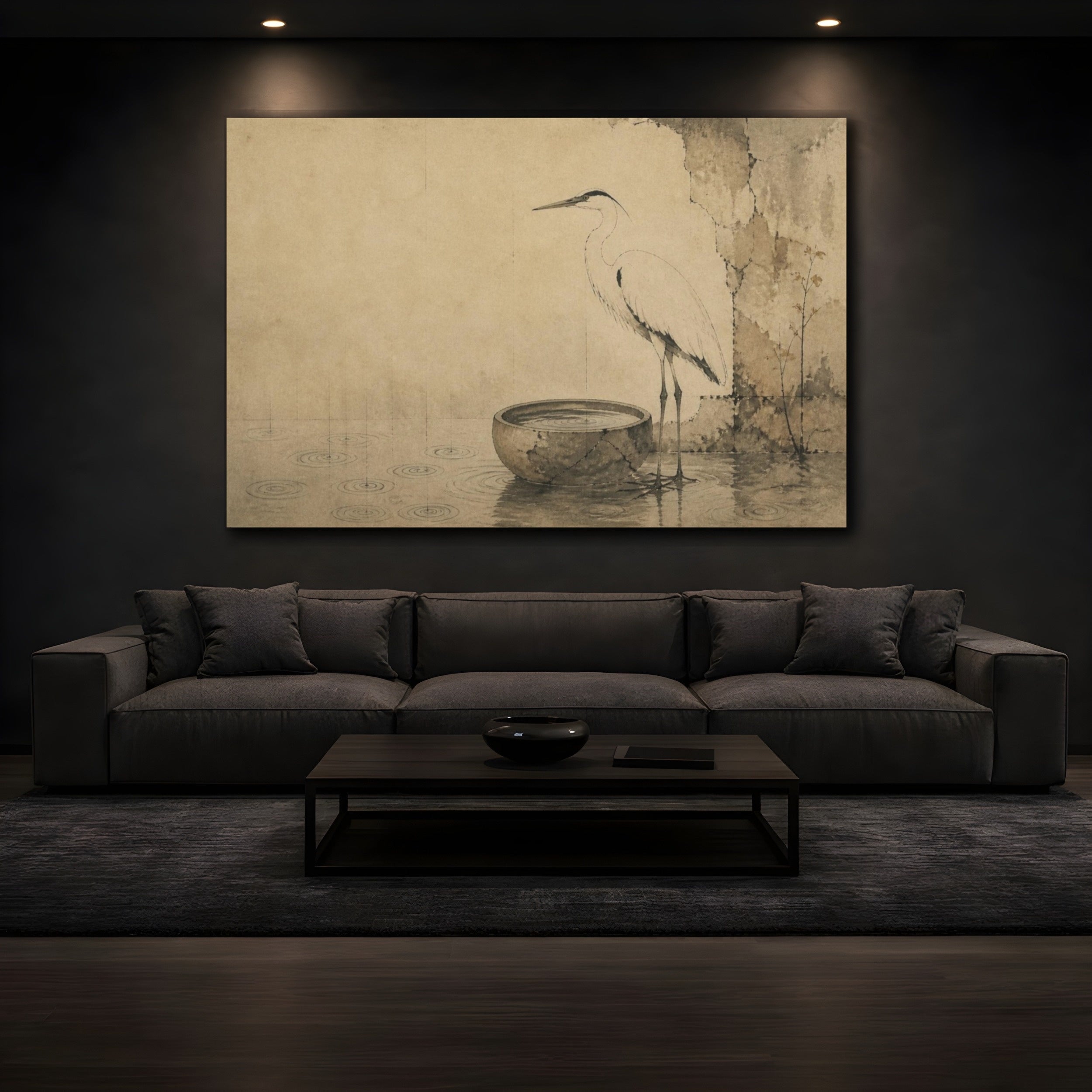 Mockup 3. Wabi Sabi Heron Basin shown as canvas print