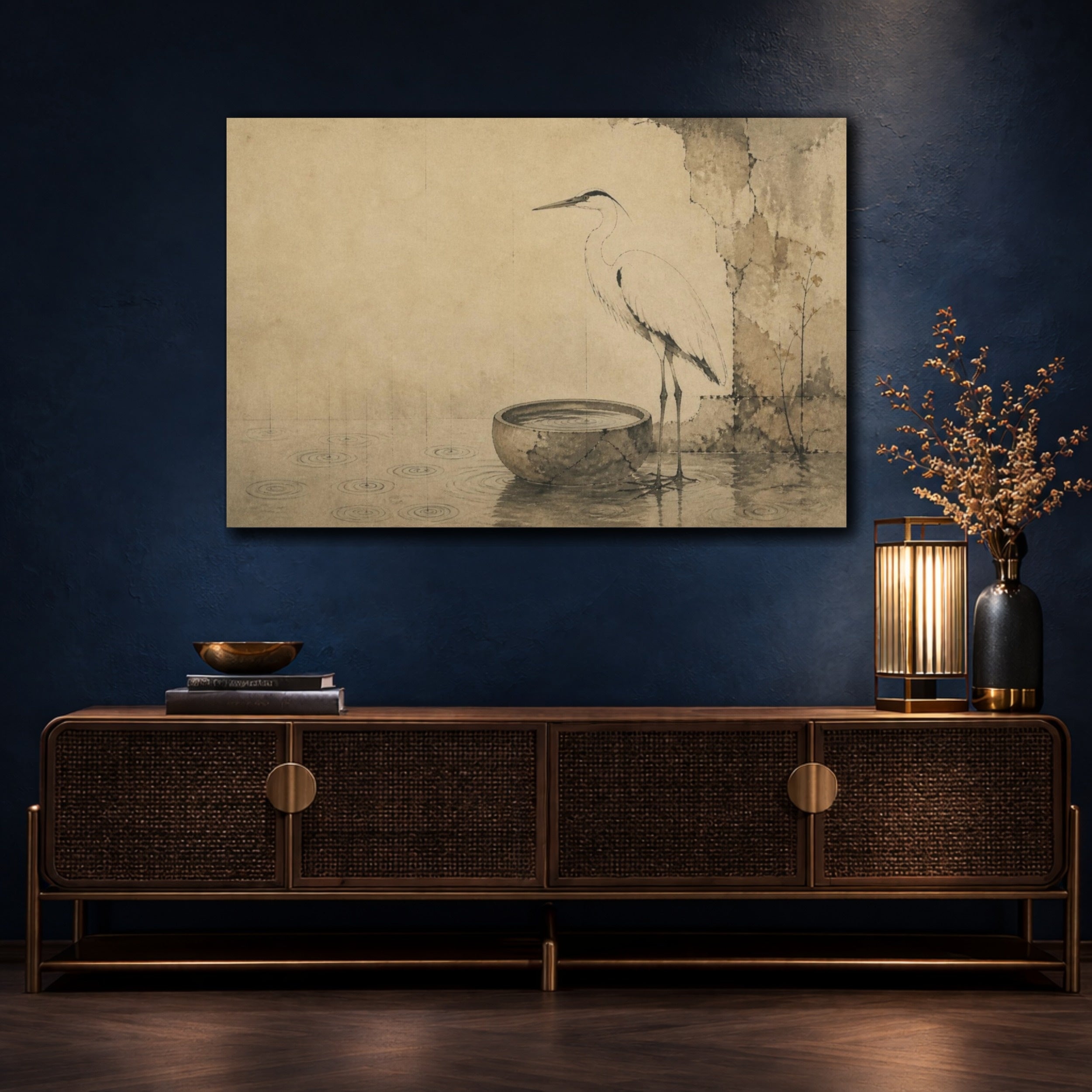 Mockup 4. Wabi Sabi Heron Basin shown as canvas print