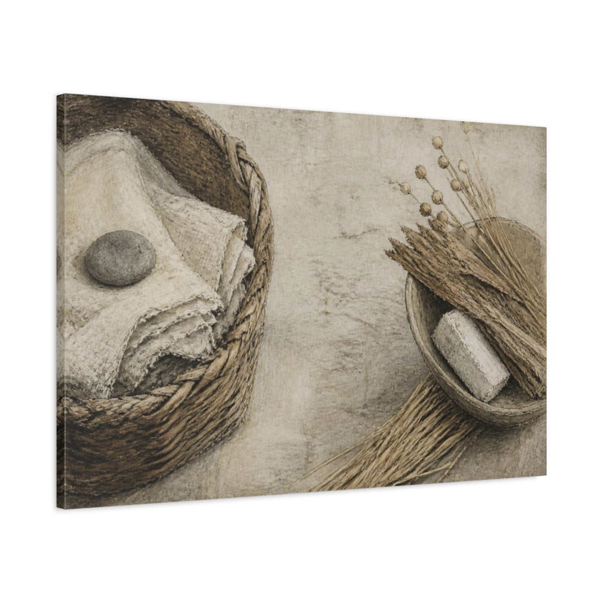 Main Mockup. Wabi Sabi Linen Basket shown as canvas print