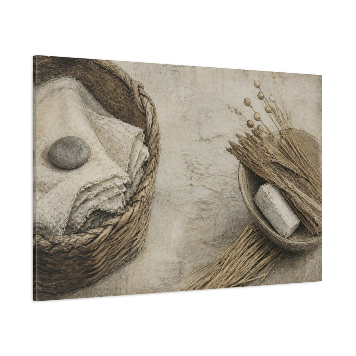 Side Mockup 1. Wabi Sabi Linen Basket shown as canvas print