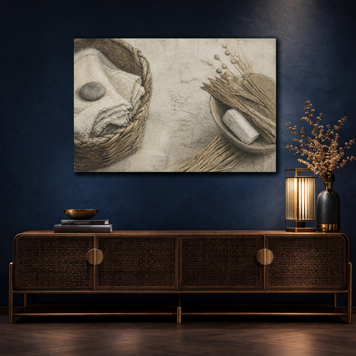 Mockup 4. Wabi Sabi Linen Basket shown as canvas print