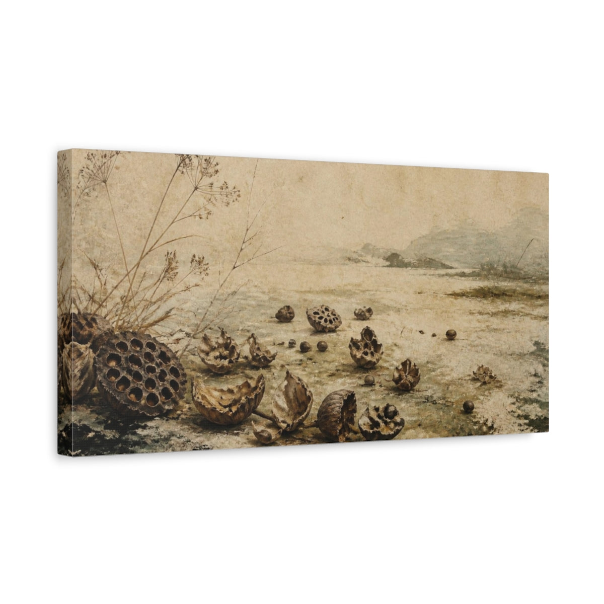 Side Mockup 3. Wabi Sabi Lotus Seedpods shown as canvas print
