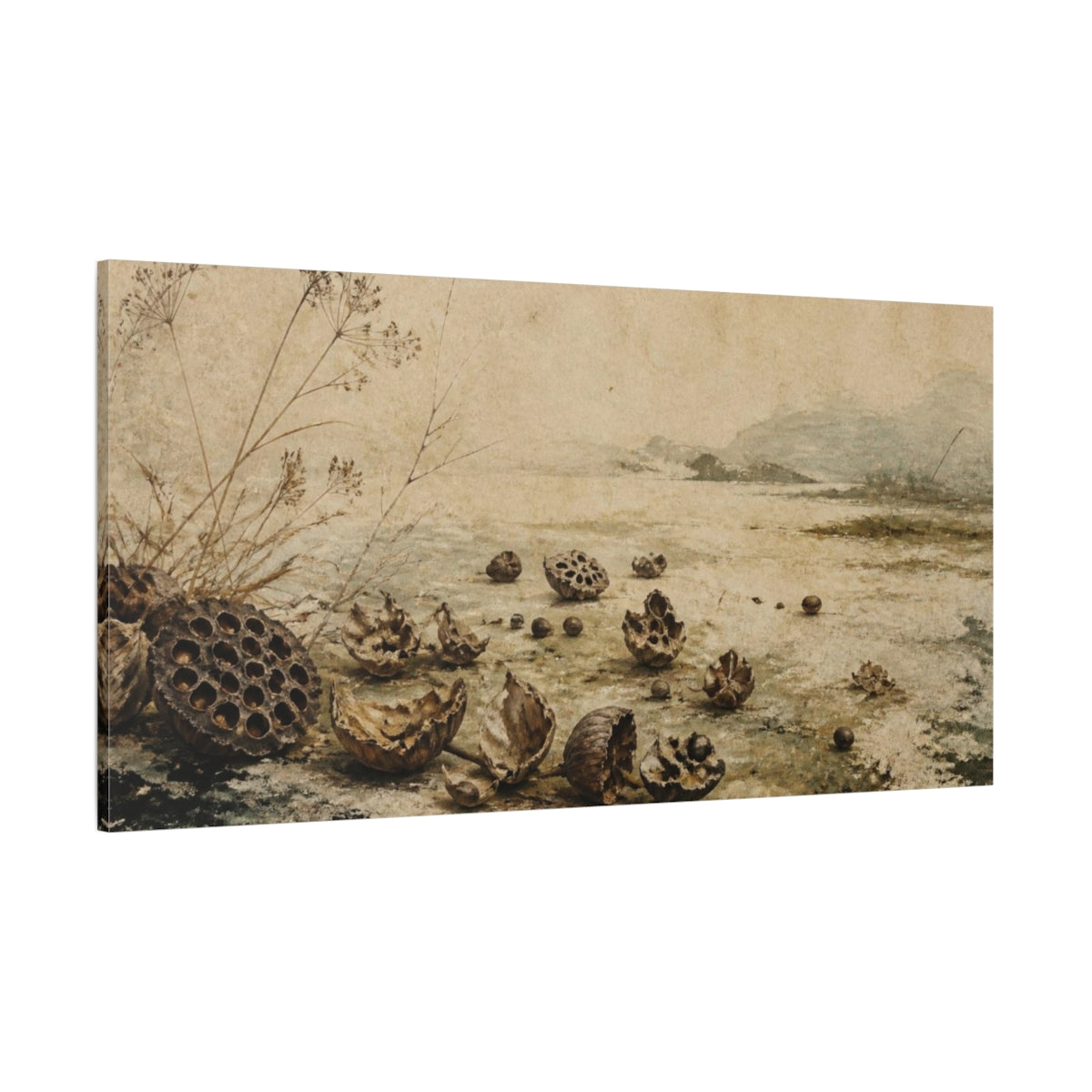 Side Mockup 2. Wabi Sabi Lotus Seedpods shown as canvas print