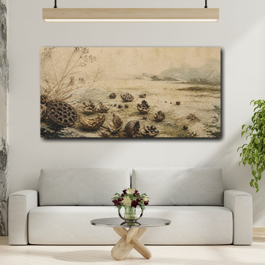 Mockup 2. Wabi Sabi Lotus Seedpods shown as canvas print