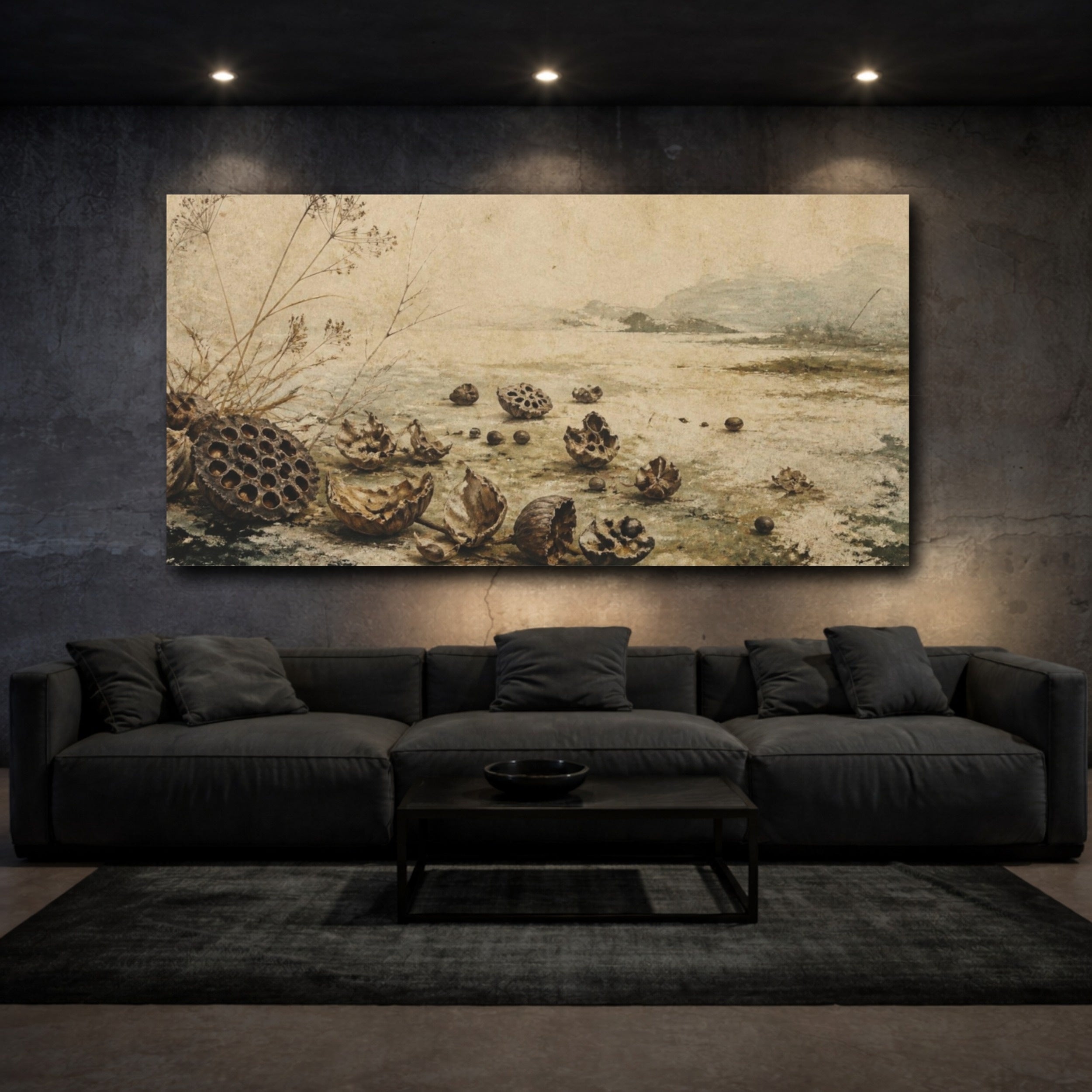 Mockup 3. Wabi Sabi Lotus Seedpods shown as canvas print