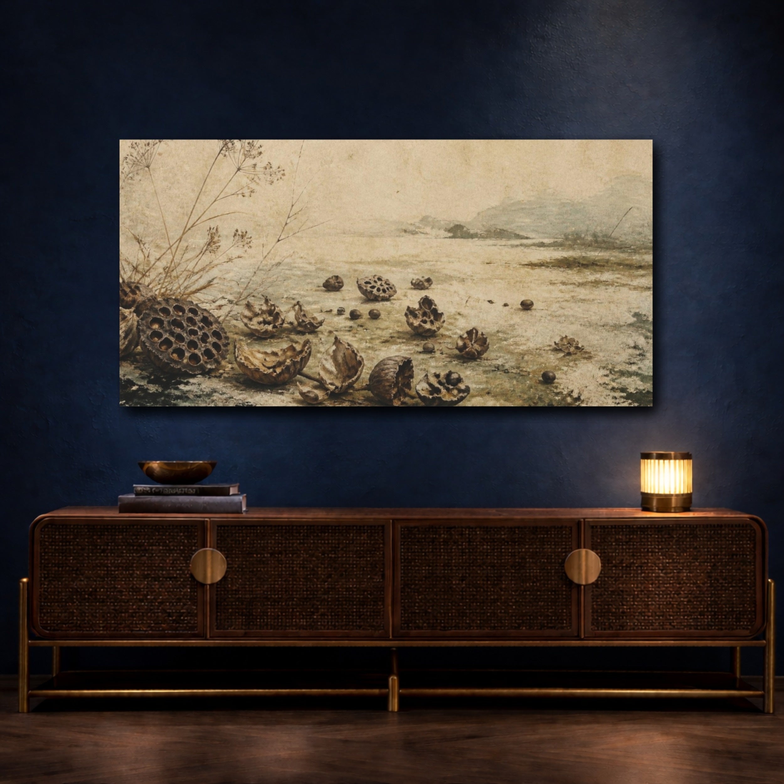 Mockup 4. Wabi Sabi Lotus Seedpods shown as canvas print