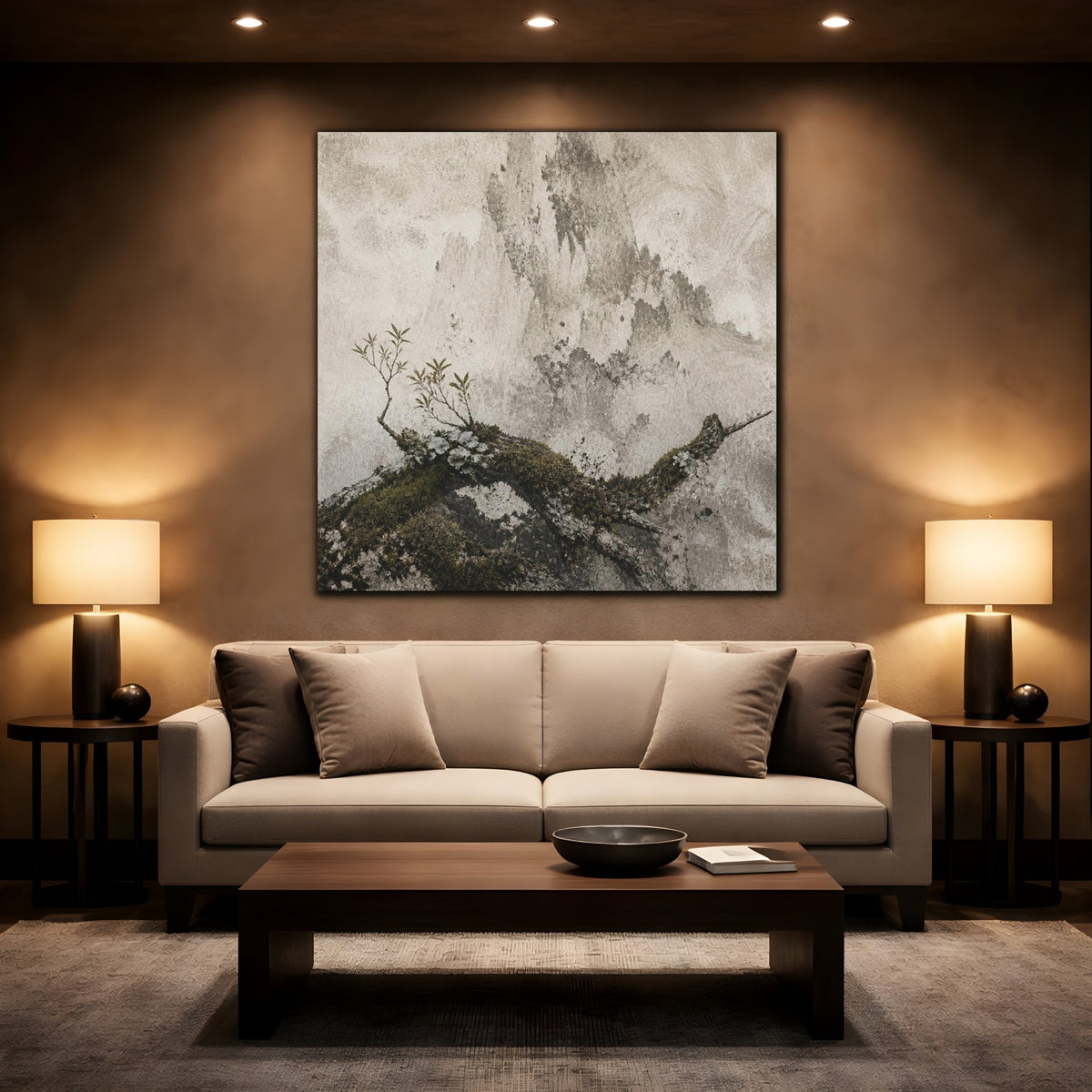 Mockup 2. Wabi Sabi Mossy Branch shown as canvas print