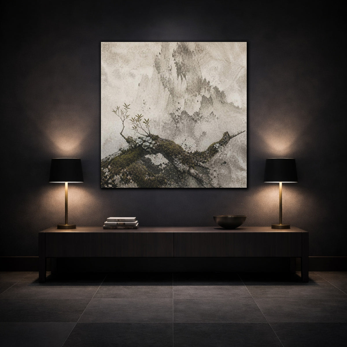 Mockup 3. Wabi Sabi Mossy Branch shown as canvas print