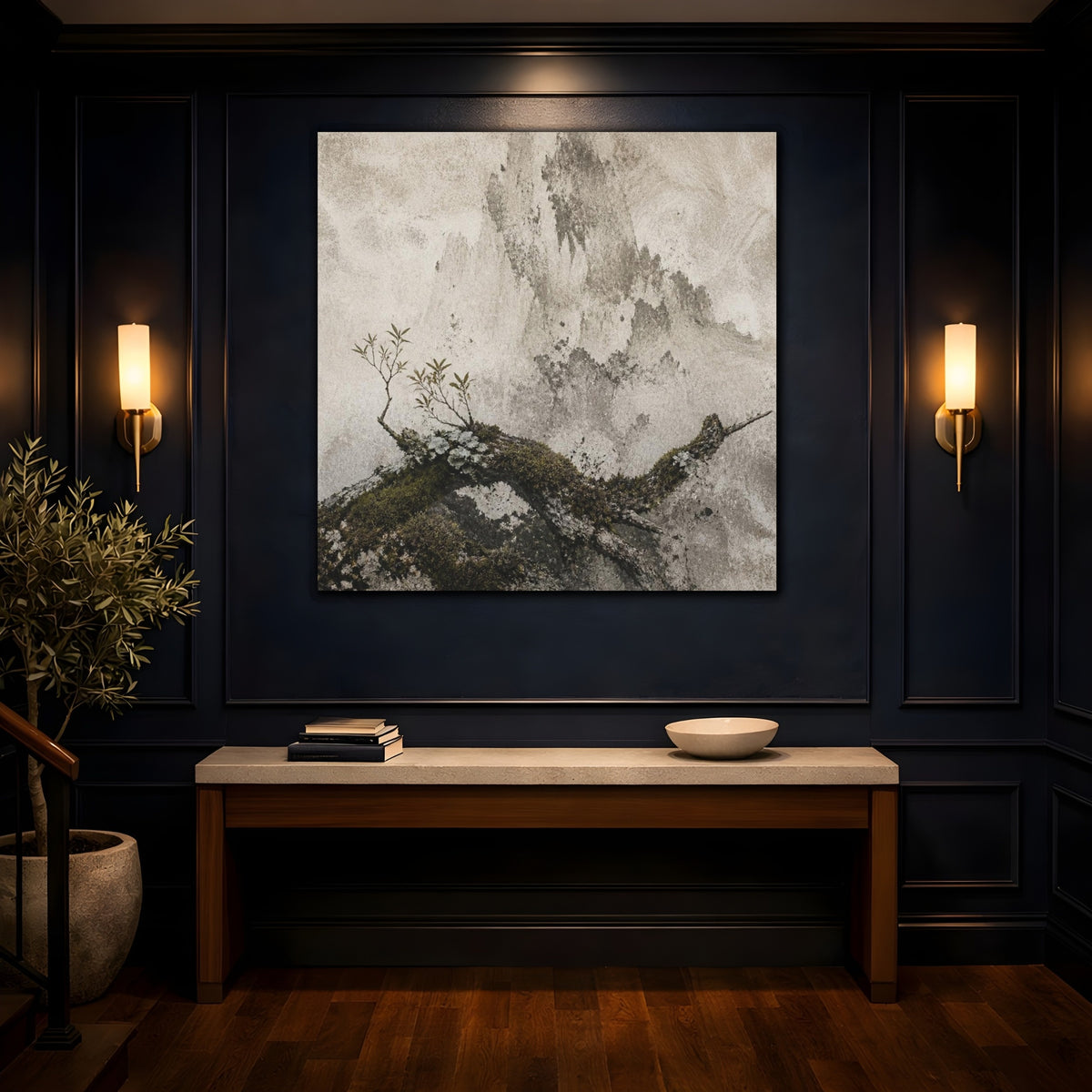 Mockup 4. Wabi Sabi Mossy Branch shown as canvas print