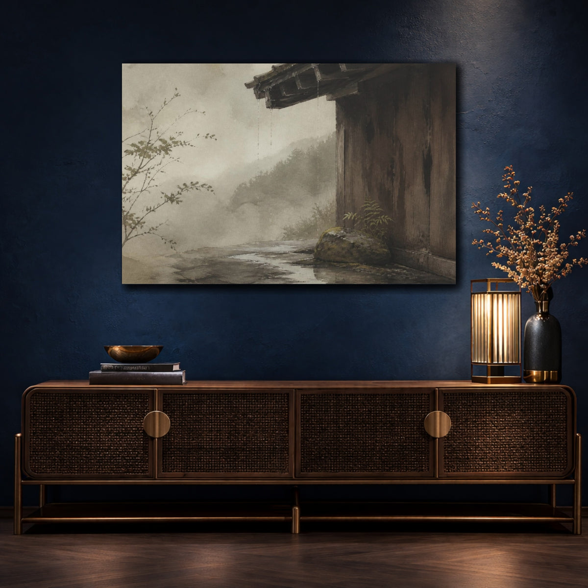 Mockup 4. Wabi Sabi Mossy Eave shown as canvas print