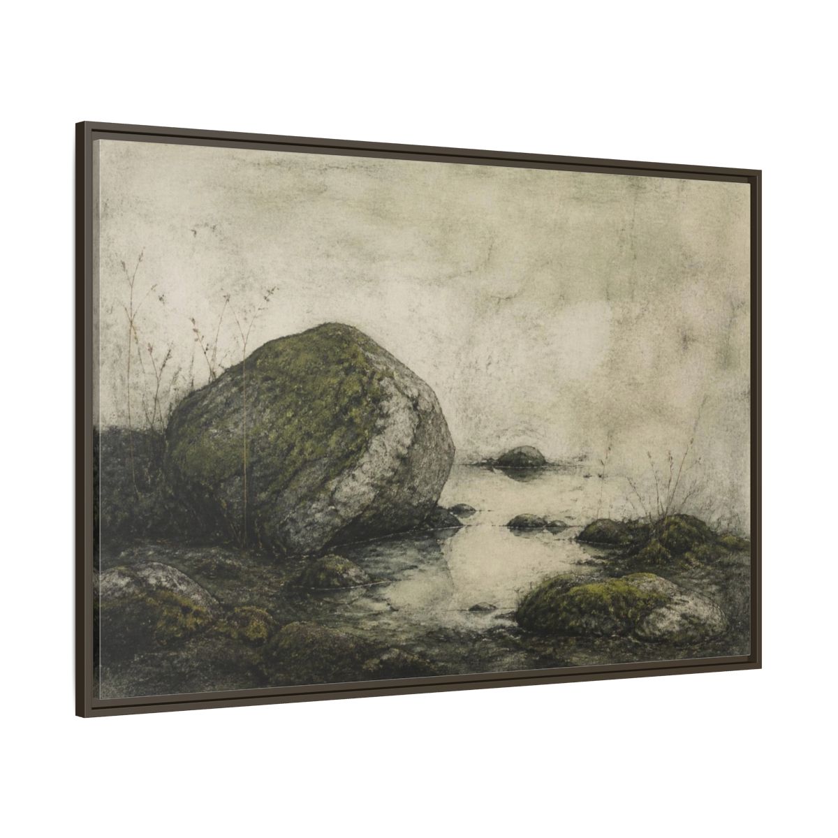 Side Mockup 8. Wabi Sabi Mossy Rock shown as framed canvas print