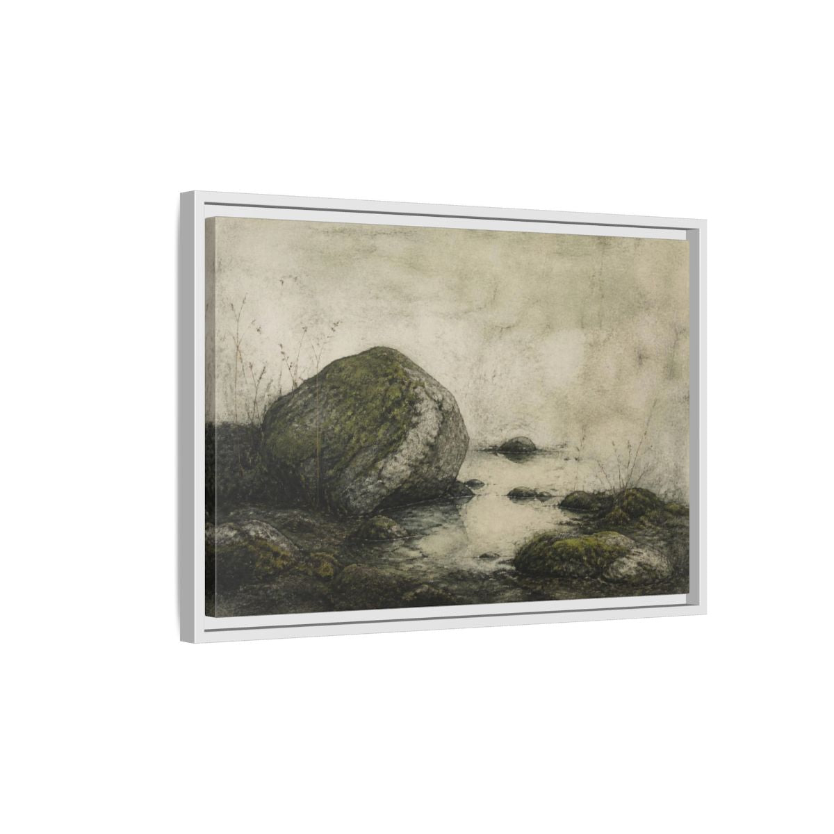 Side Mockup 1. Wabi Sabi Mossy Rock shown as framed canvas print