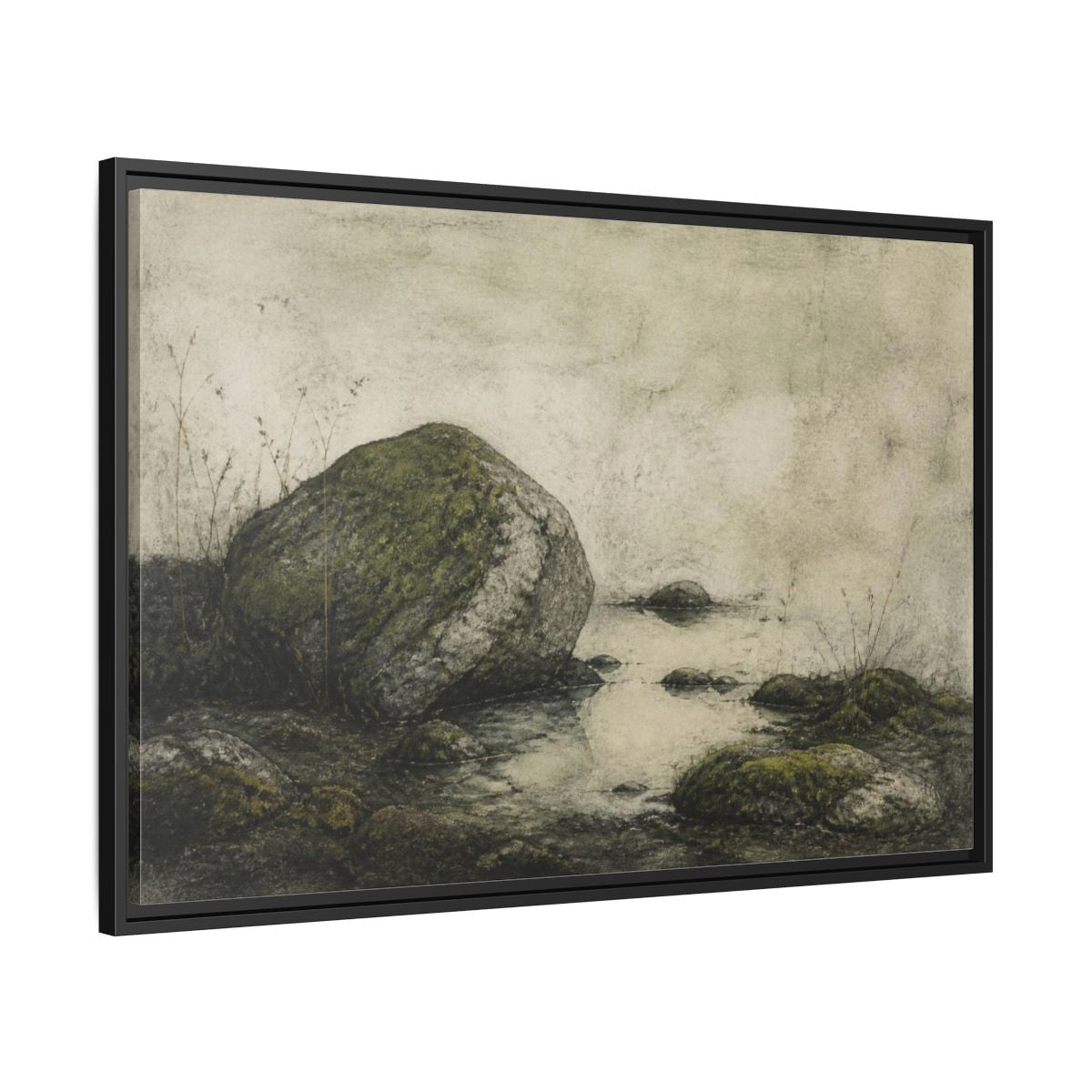 Side Mockup 13. Wabi Sabi Mossy Rock shown as framed canvas print