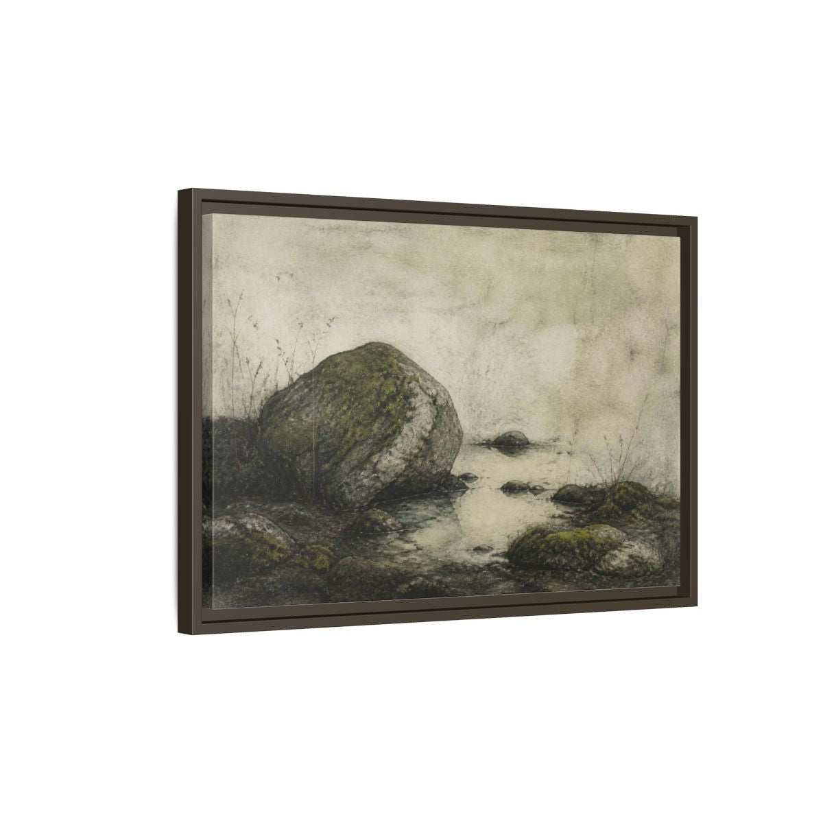 Side Mockup 2. Wabi Sabi Mossy Rock shown as framed canvas print