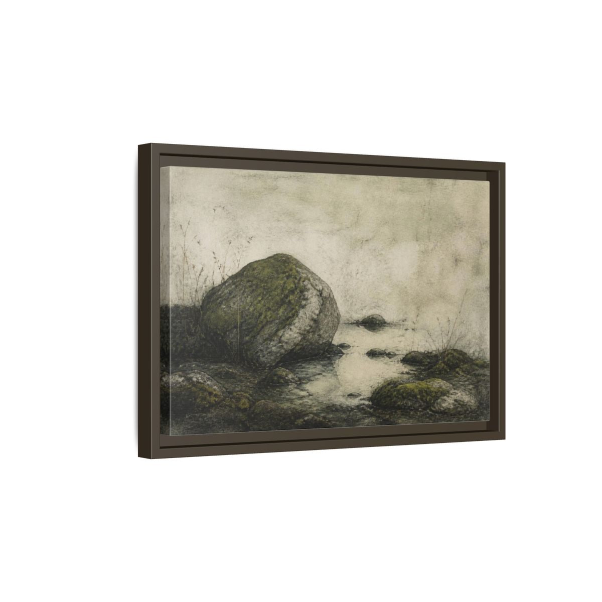 Side Mockup 5. Wabi Sabi Mossy Rock shown as framed canvas print