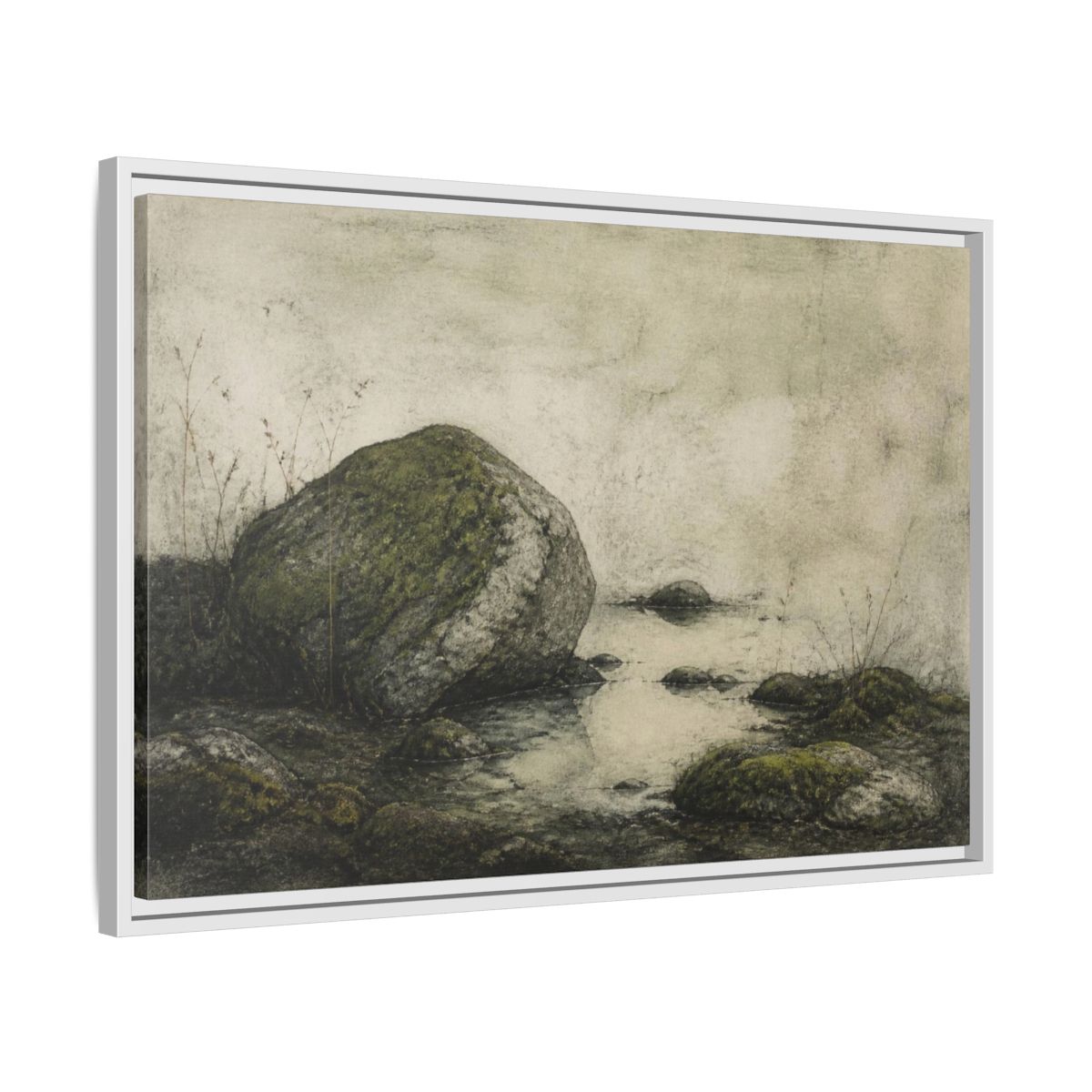 Side Mockup 10. Wabi Sabi Mossy Rock shown as framed canvas print