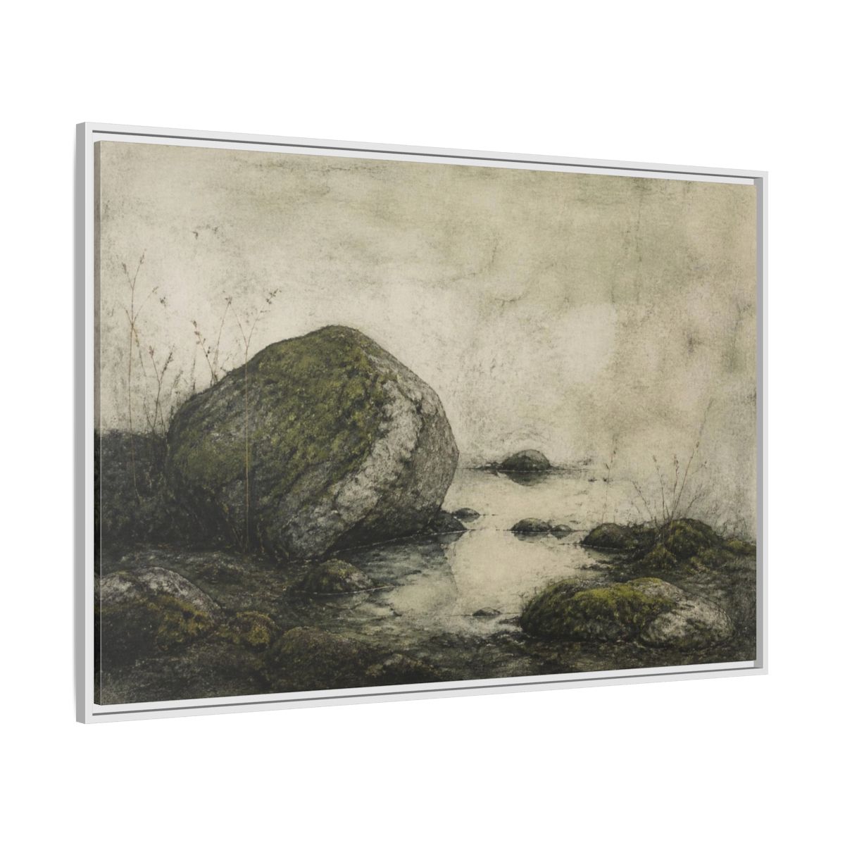 Side Mockup 7. Wabi Sabi Mossy Rock shown as framed canvas print