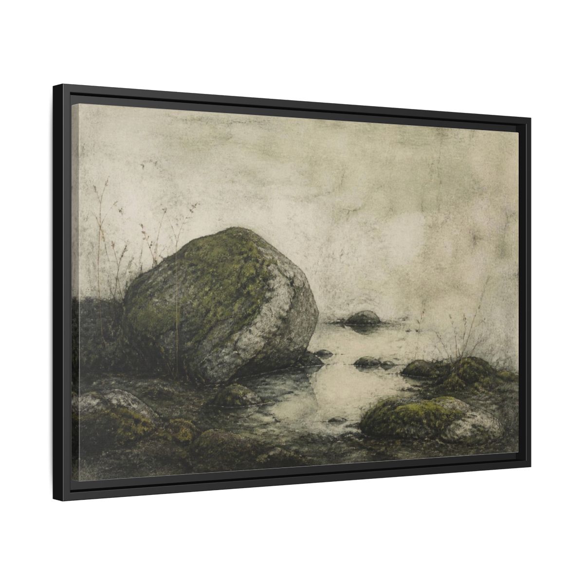 Side Mockup 14. Wabi Sabi Mossy Rock shown as framed canvas print