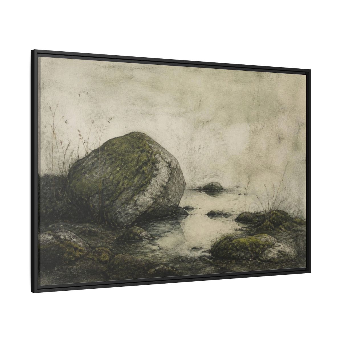 Side Mockup 12. Wabi Sabi Mossy Rock shown as framed canvas print