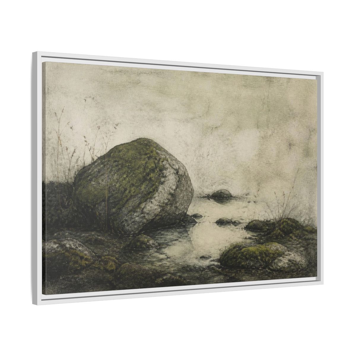 Side Mockup 9. Wabi Sabi Mossy Rock shown as framed canvas print