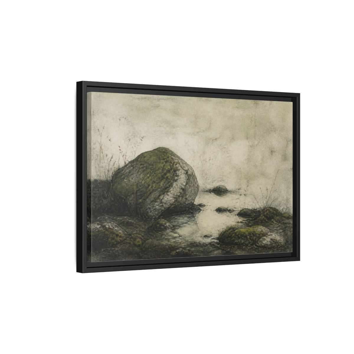 Side Mockup 3. Wabi Sabi Mossy Rock shown as framed canvas print