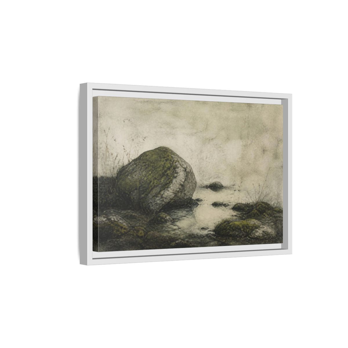Side Mockup 4. Wabi Sabi Mossy Rock shown as framed canvas print