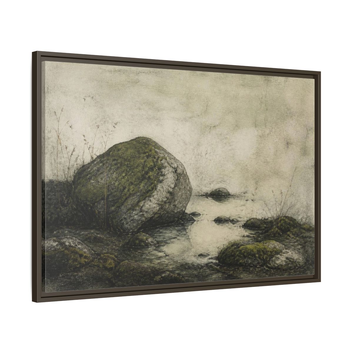 Main Mockup. Wabi Sabi Mossy Rock shown as framed canvas print