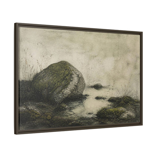 Main Mockup. Wabi Sabi Mossy Rock shown as framed canvas print