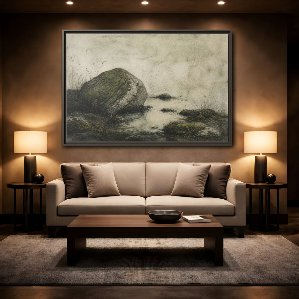 Mockup 2. Wabi Sabi Mossy Rock shown as framed canvas print