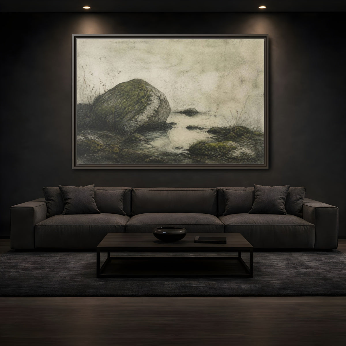 Mockup 3. Wabi Sabi Mossy Rock shown as framed canvas print
