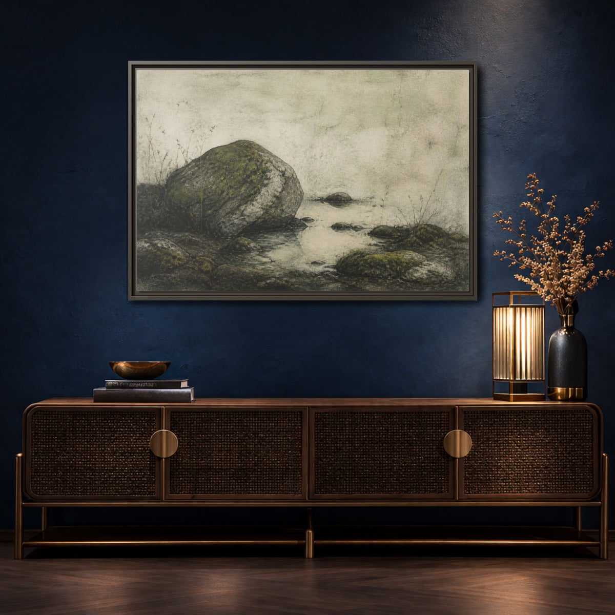 Mockup 4. Wabi Sabi Mossy Rock shown as framed canvas print