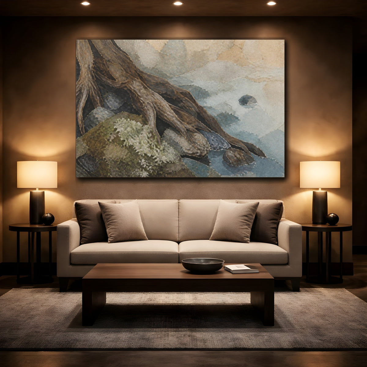 Mockup 2. Wabi Sabi Mossy Root shown as canvas print