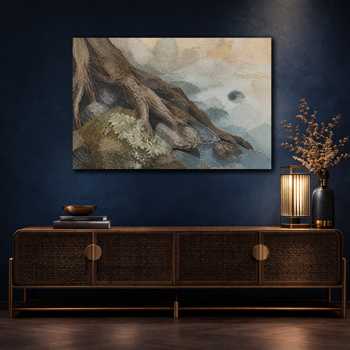 Mockup 4. Wabi Sabi Mossy Root shown as canvas print