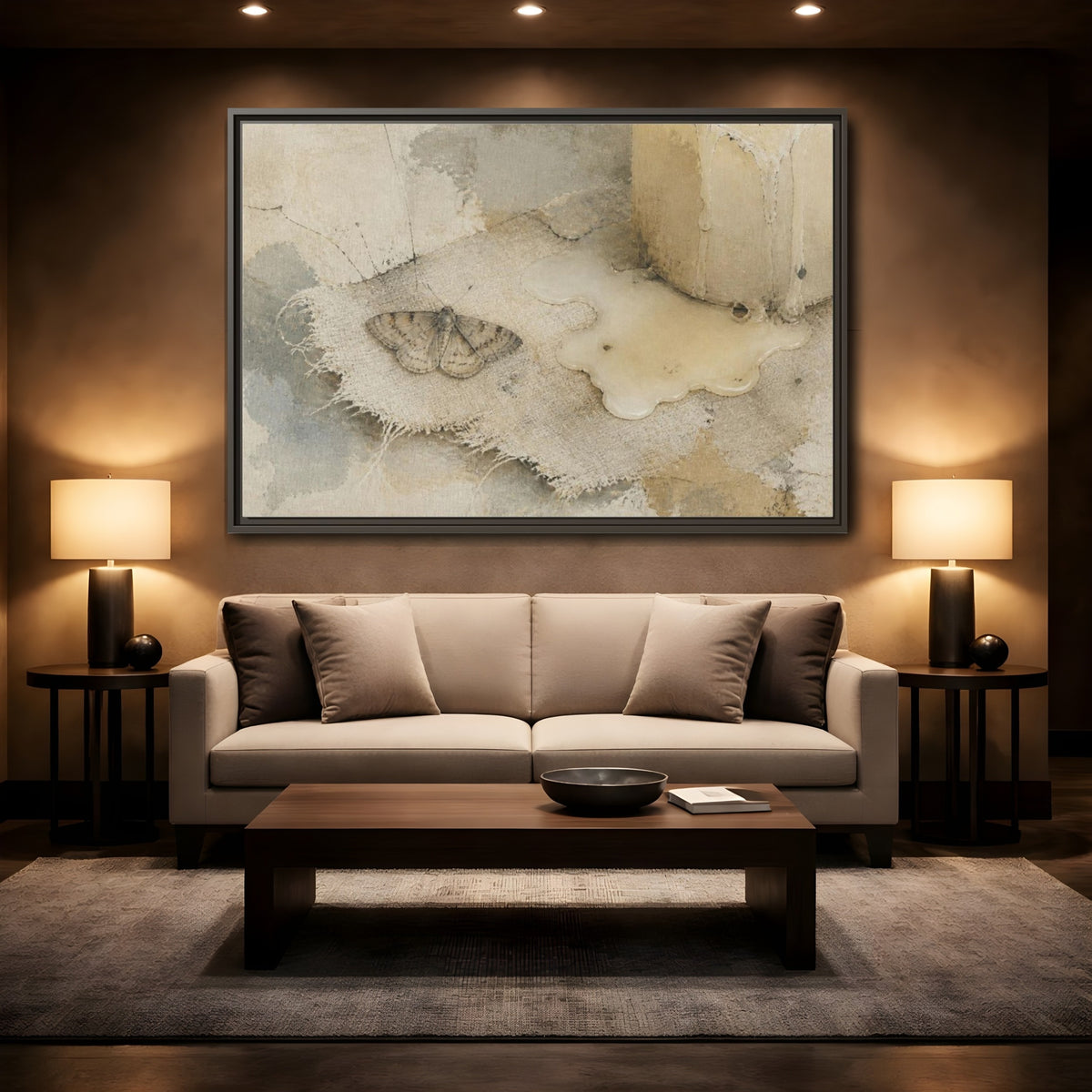 Mockup 2. Wabi-Sabi Moth Study shown as framed canvas print