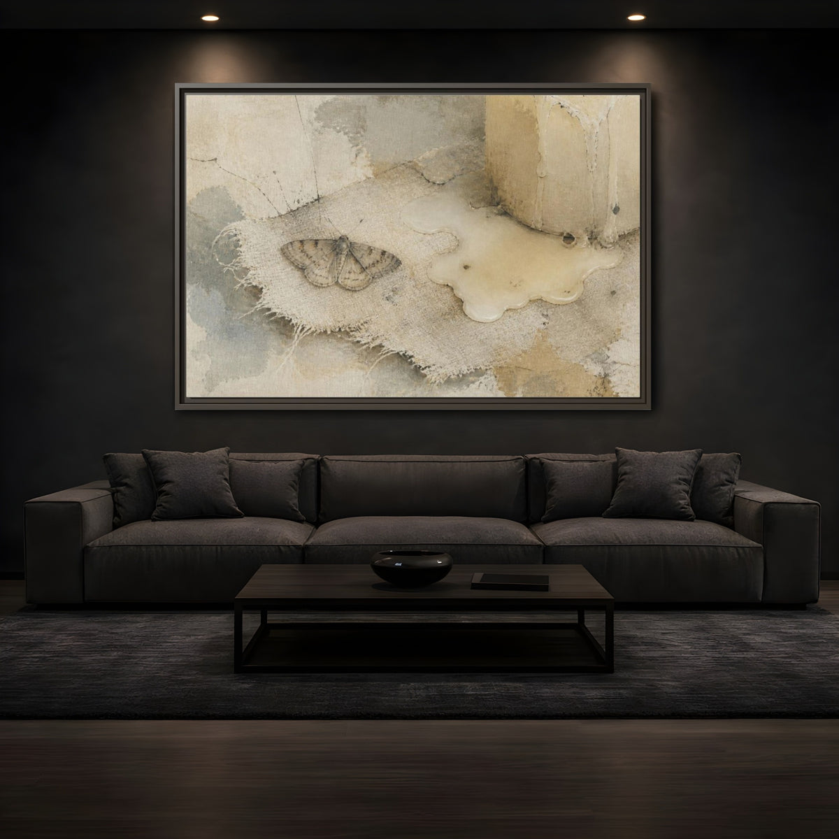 Mockup 3. Wabi-Sabi Moth Study shown as framed canvas print