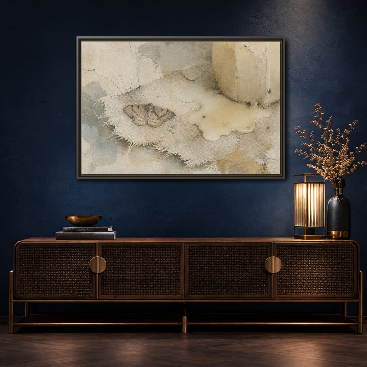 Mockup 4. Wabi-Sabi Moth Study shown as framed canvas print