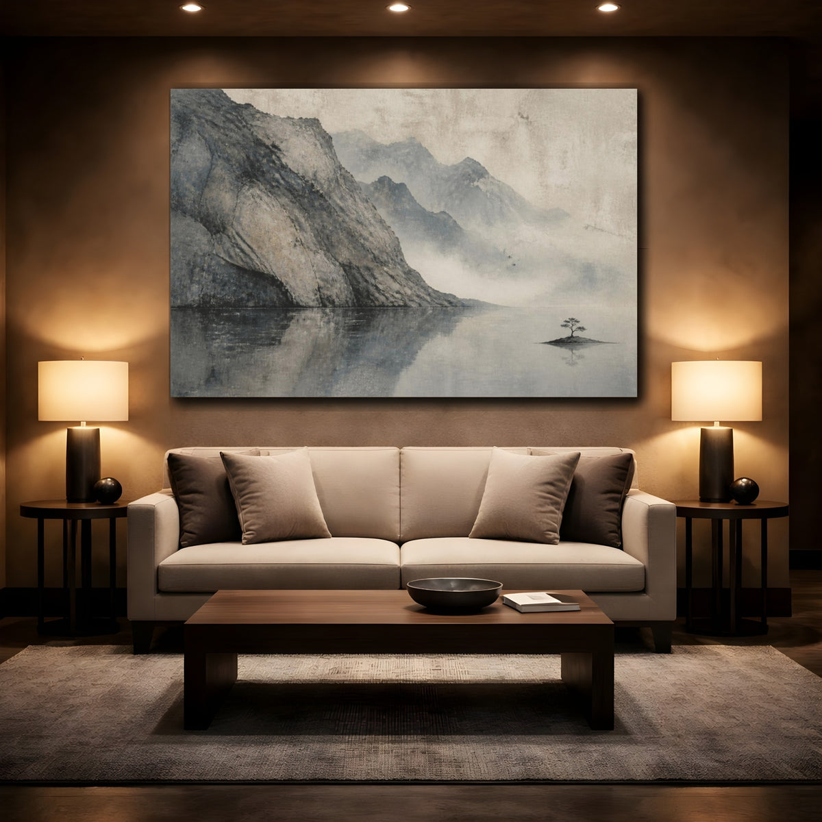 Mockup 2. Wabi Sabi Mountain Reflection shown as canvas print