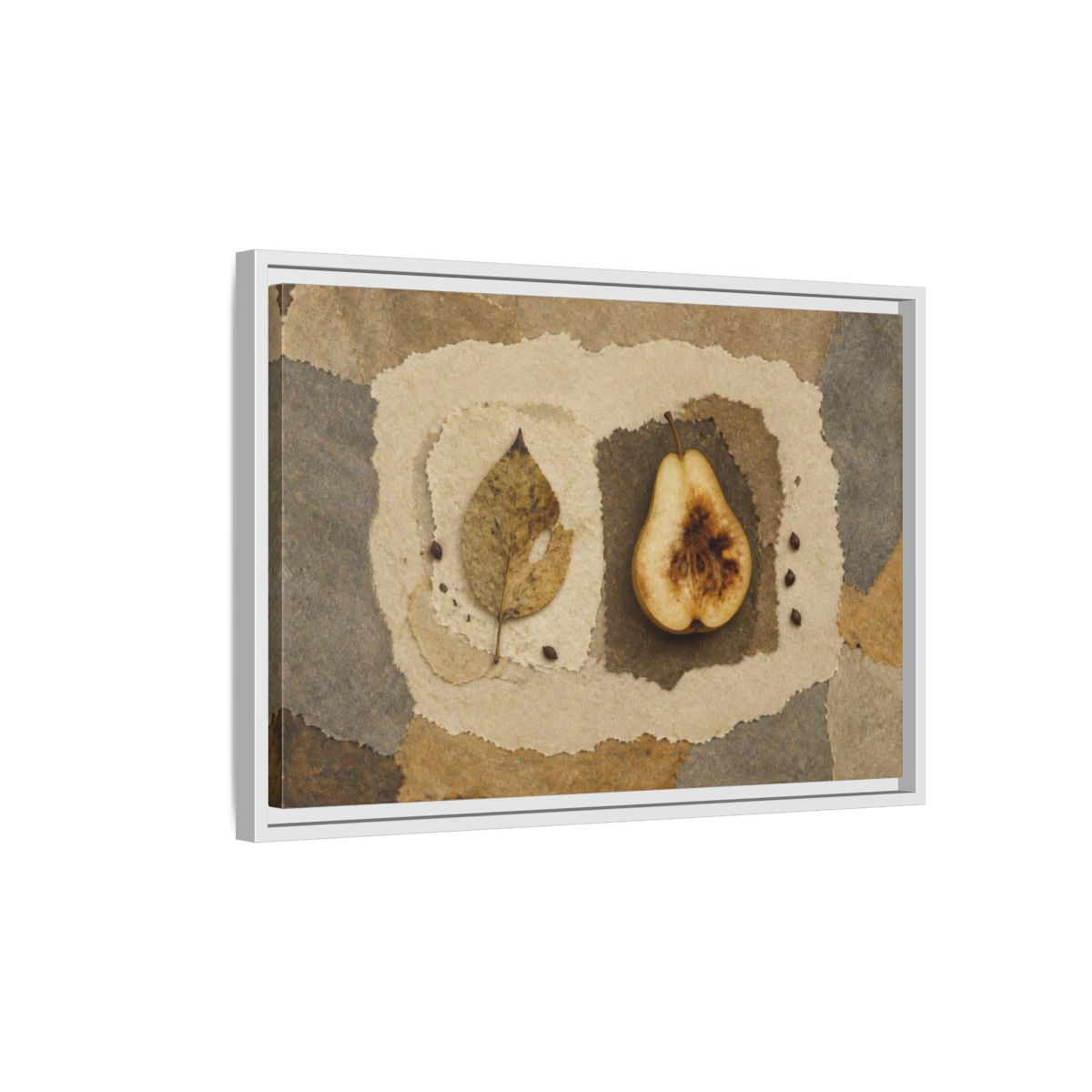 Side Mockup 1. Wabi Sabi Pear Collage shown as framed canvas print