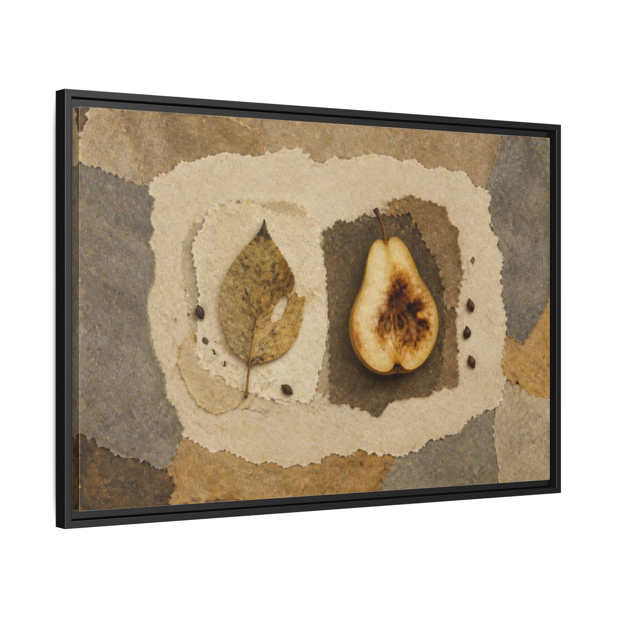 Side Mockup 13. Wabi Sabi Pear Collage shown as framed canvas print