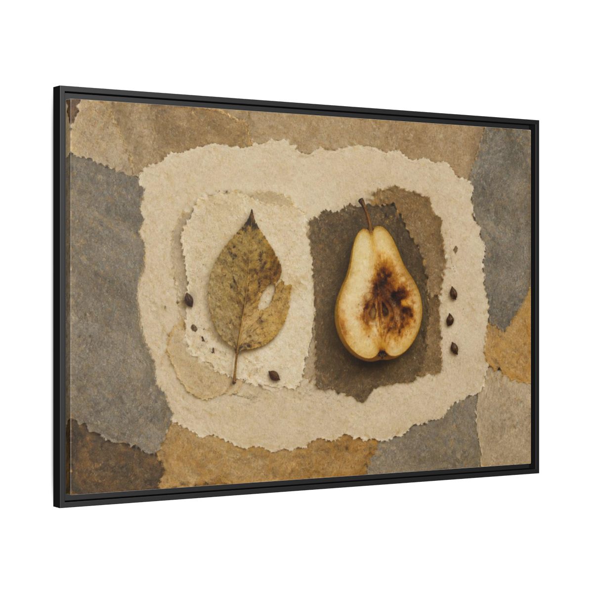Side Mockup 12. Wabi Sabi Pear Collage shown as framed canvas print
