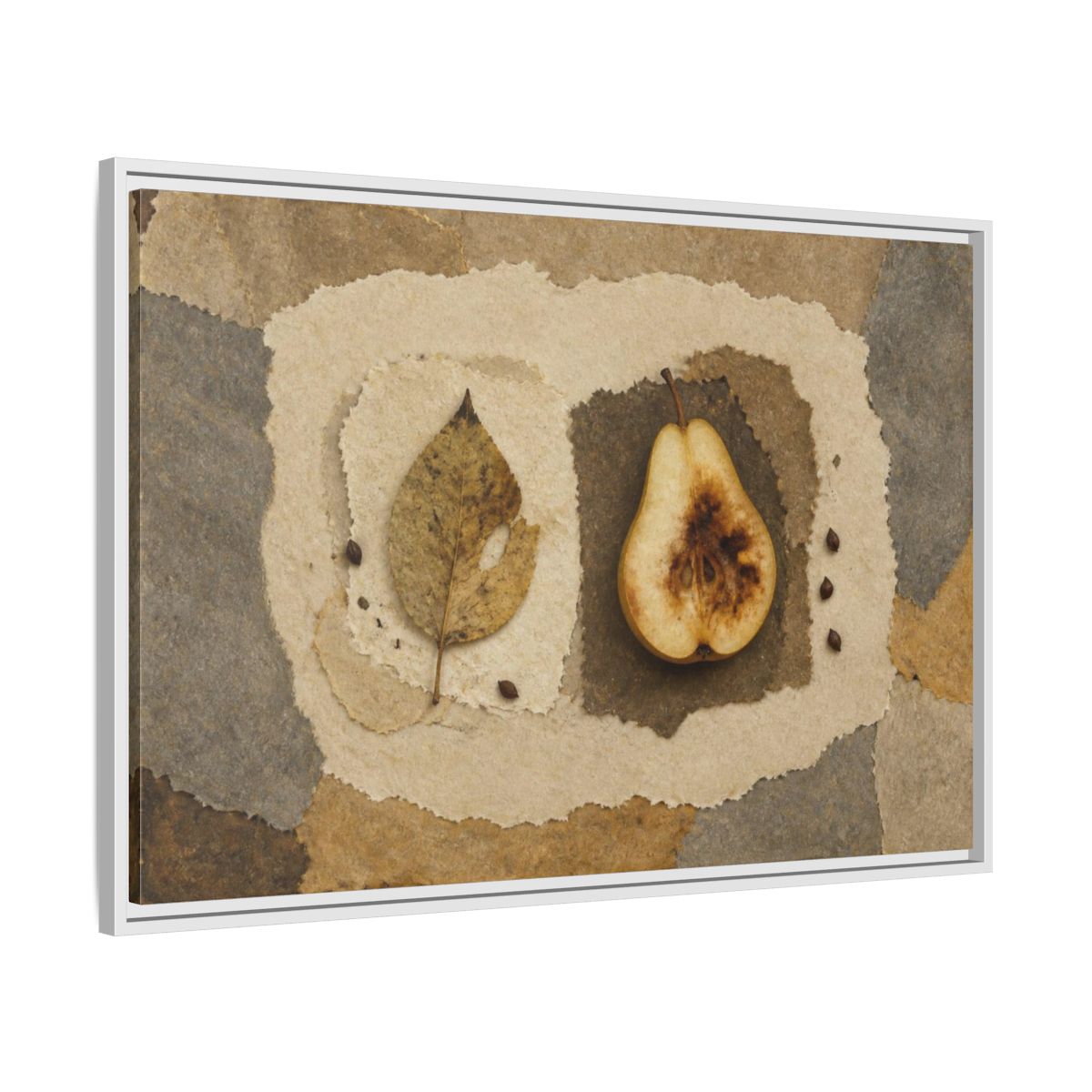 Side Mockup 9. Wabi Sabi Pear Collage shown as framed canvas print