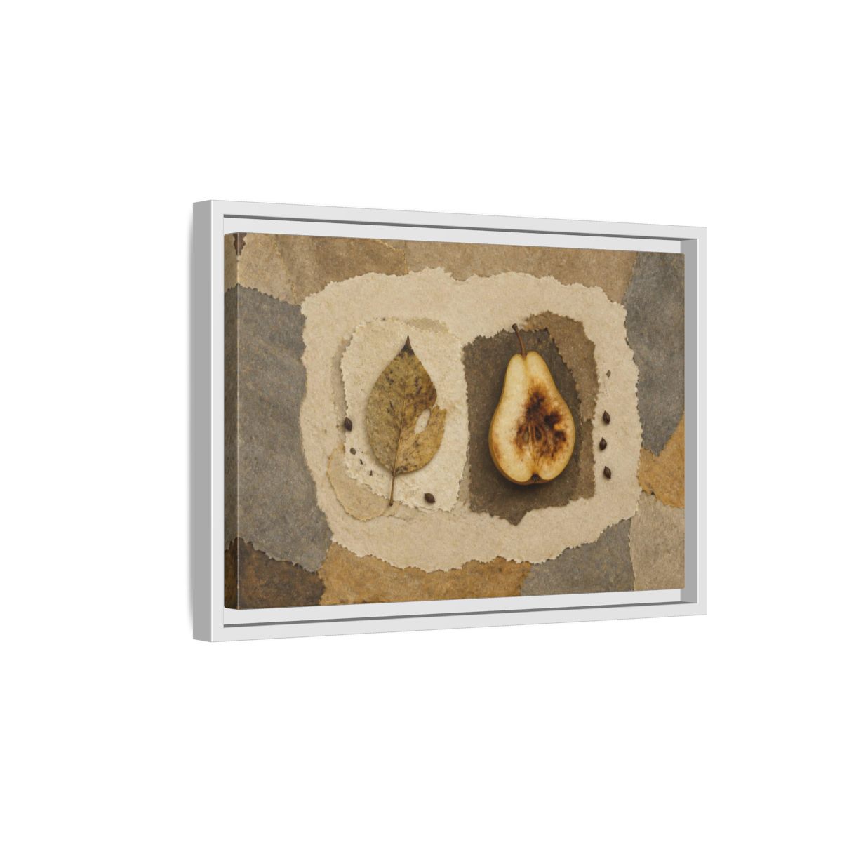 Side Mockup 4. Wabi Sabi Pear Collage shown as framed canvas print