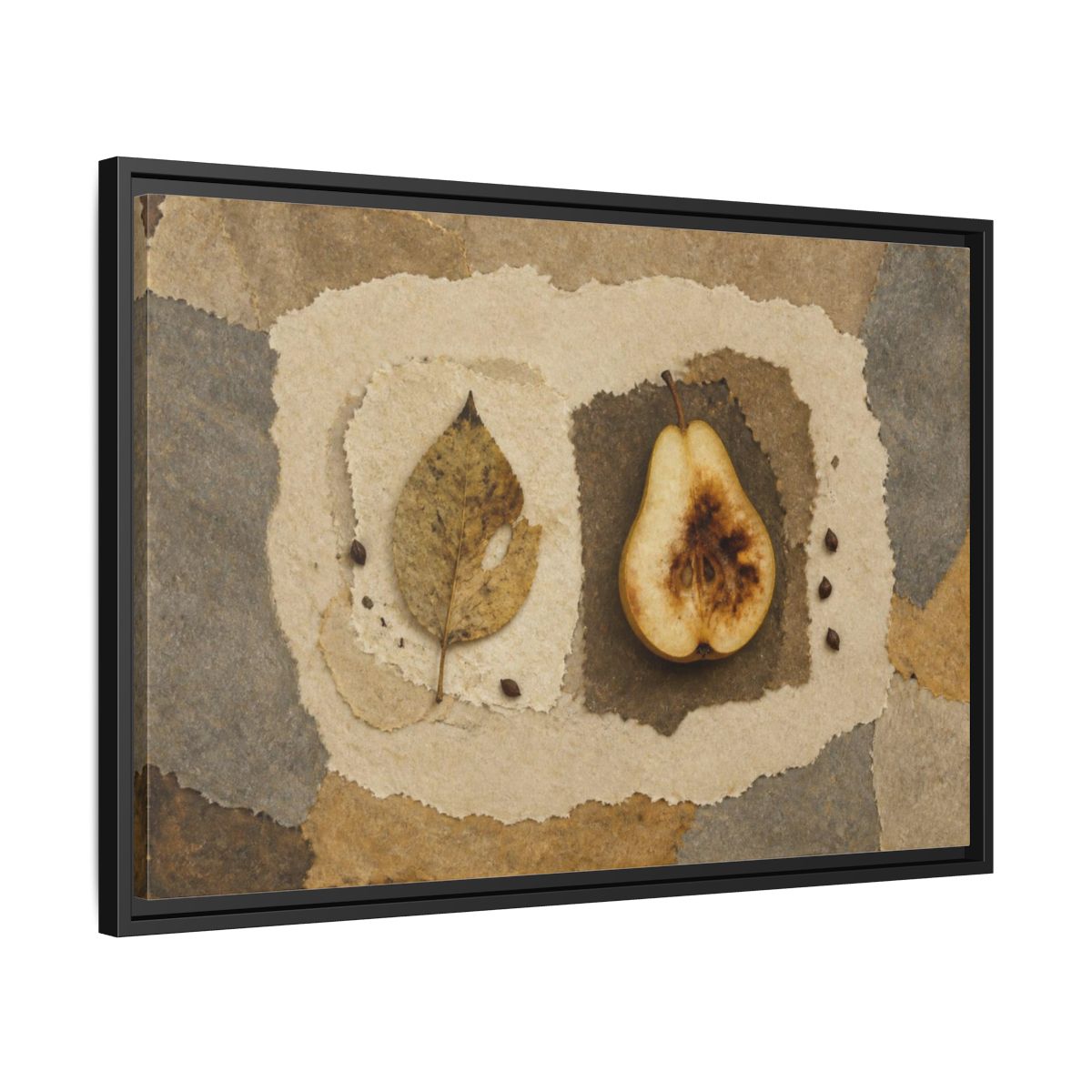 Side Mockup 14. Wabi Sabi Pear Collage shown as framed canvas print